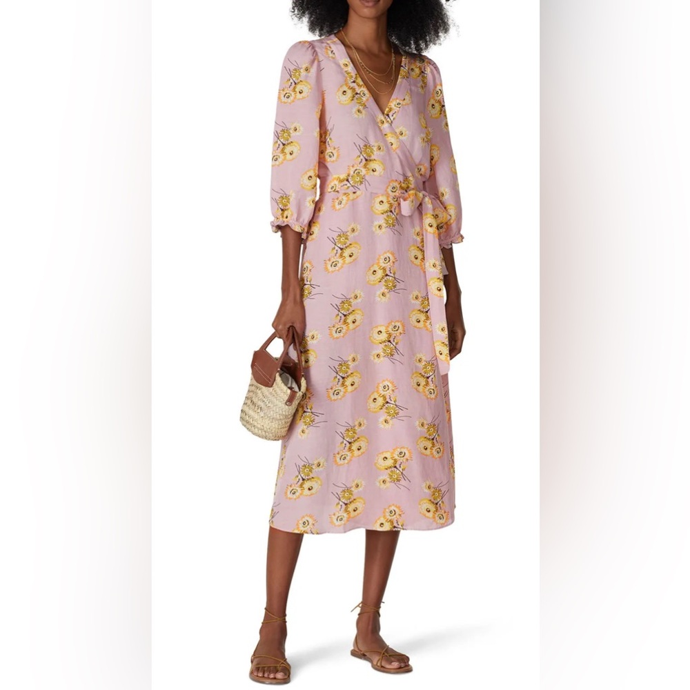 Madewell Linen-Blend Ruffle-Cuff Wrap Dress in Dutch Dandelions